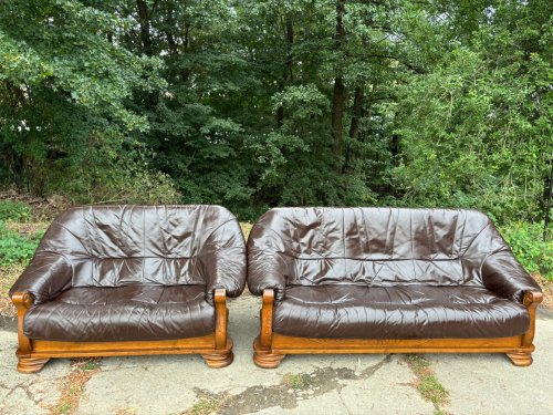 Kožená sedací souprava 3+2 s masivním dřevem